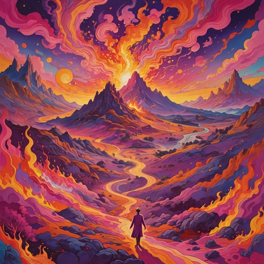 Dreamlike World with Mystical Being in Psychedelic Fire