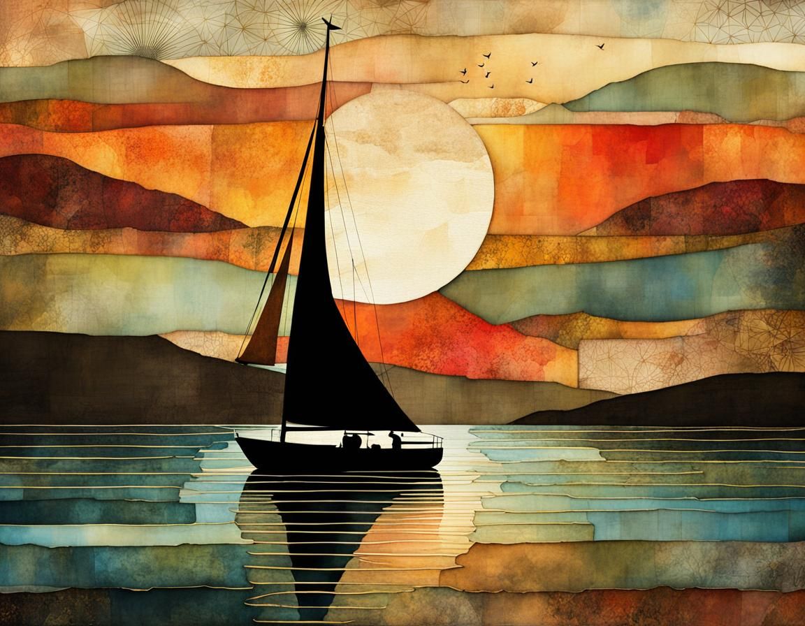 Sailboat Sunset in Patchwork Quilt Collage