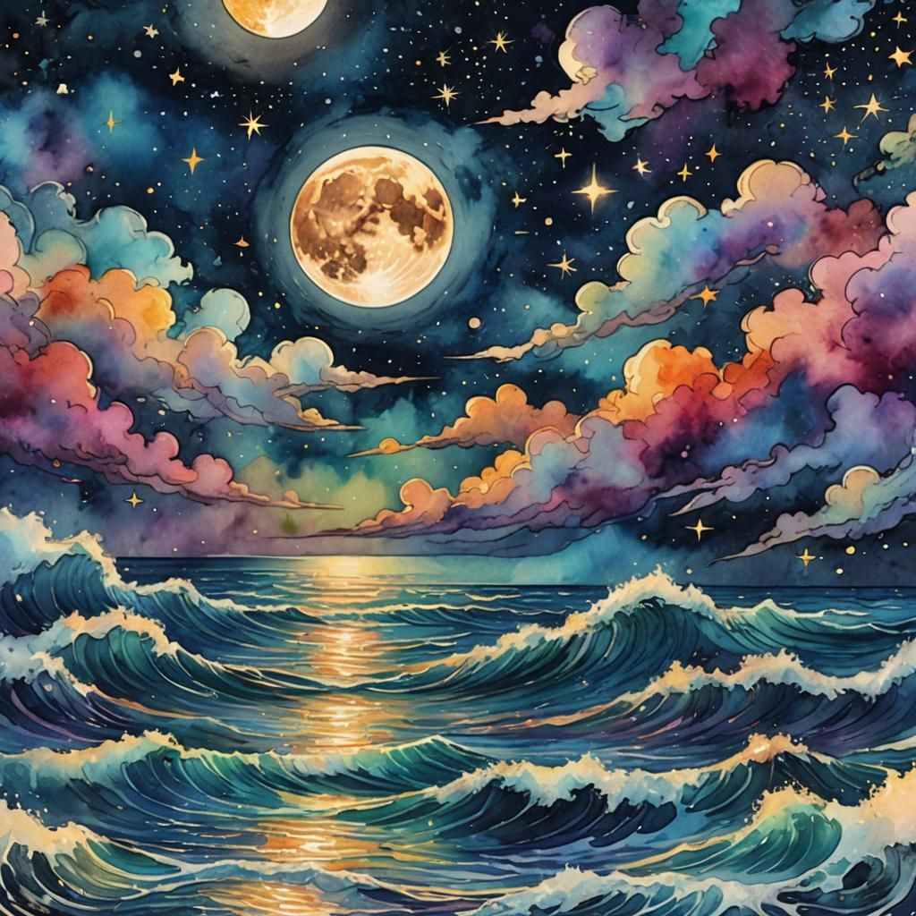 Cosmic Moon Over Ocean: Mixed Media Illustration