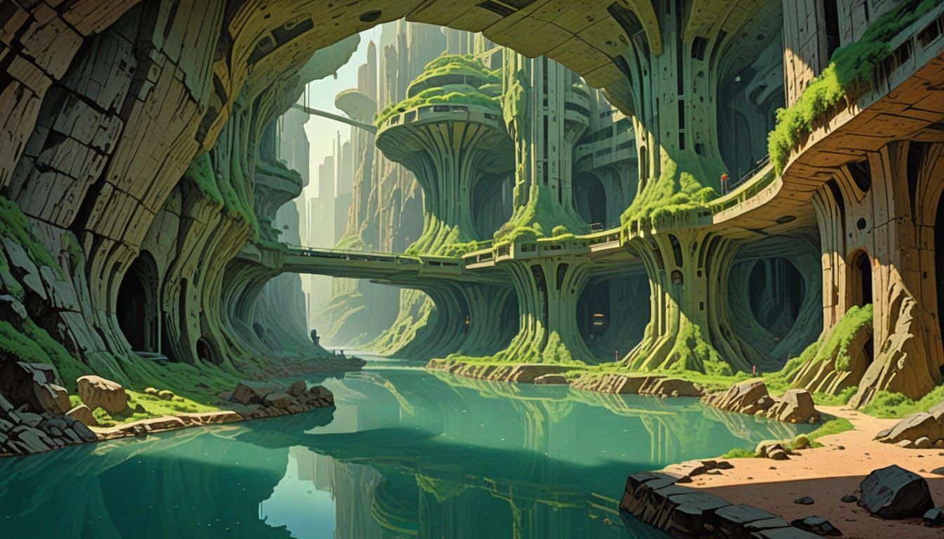 Vast Underground City with Waterfalls and Light Columns