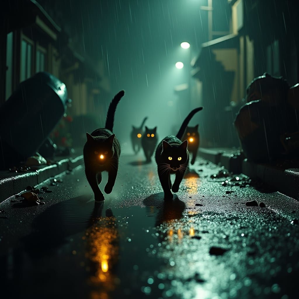 Feral Cats Race Through Dimly Lit City Street