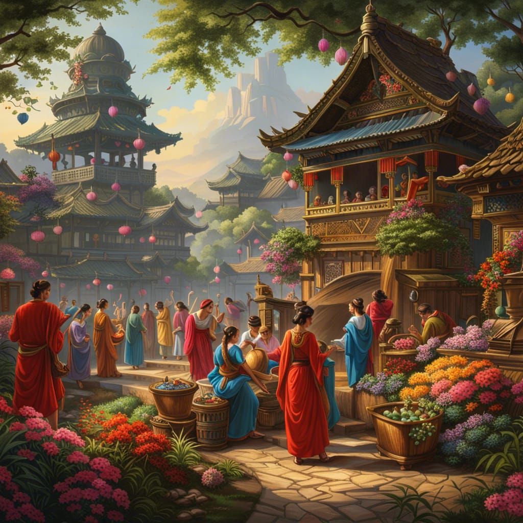 Colorful Traditional Festival Scene in Hyperrealistic 3D