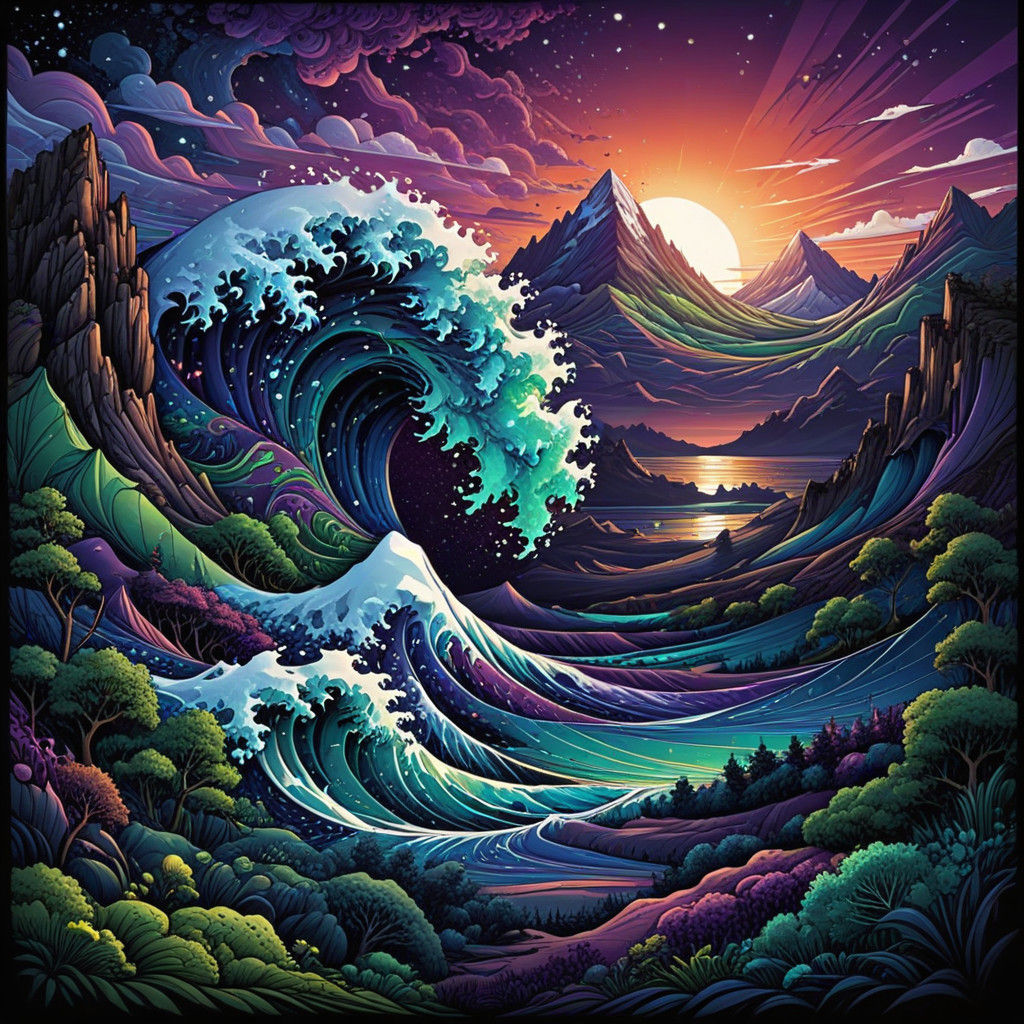 Epic Fractal Wave Landscape in Vibrant Midnight Hues