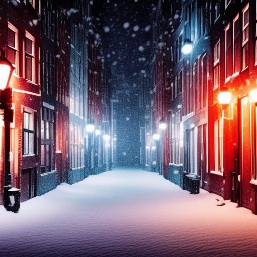 Snowy Amsterdam Red Light District in Winter