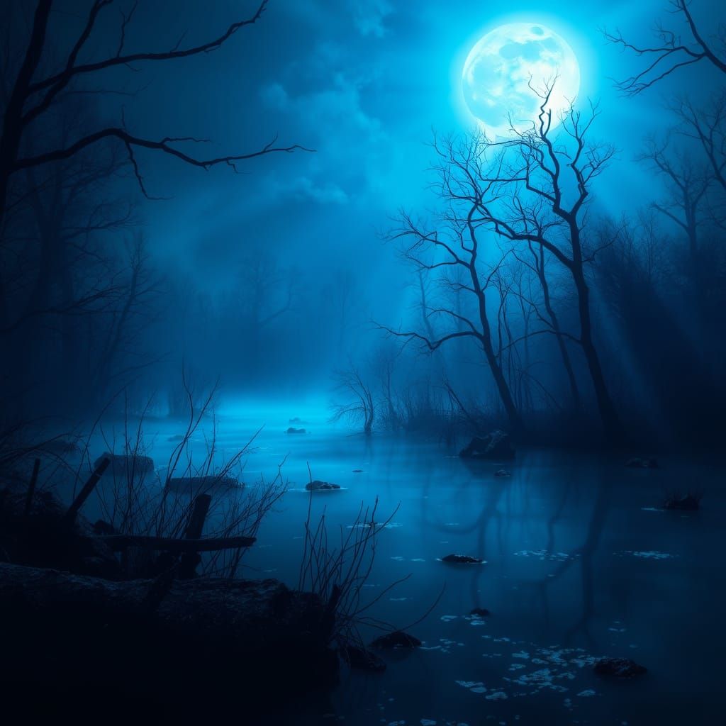 Mystical Blue Moonlight Swamp Scene