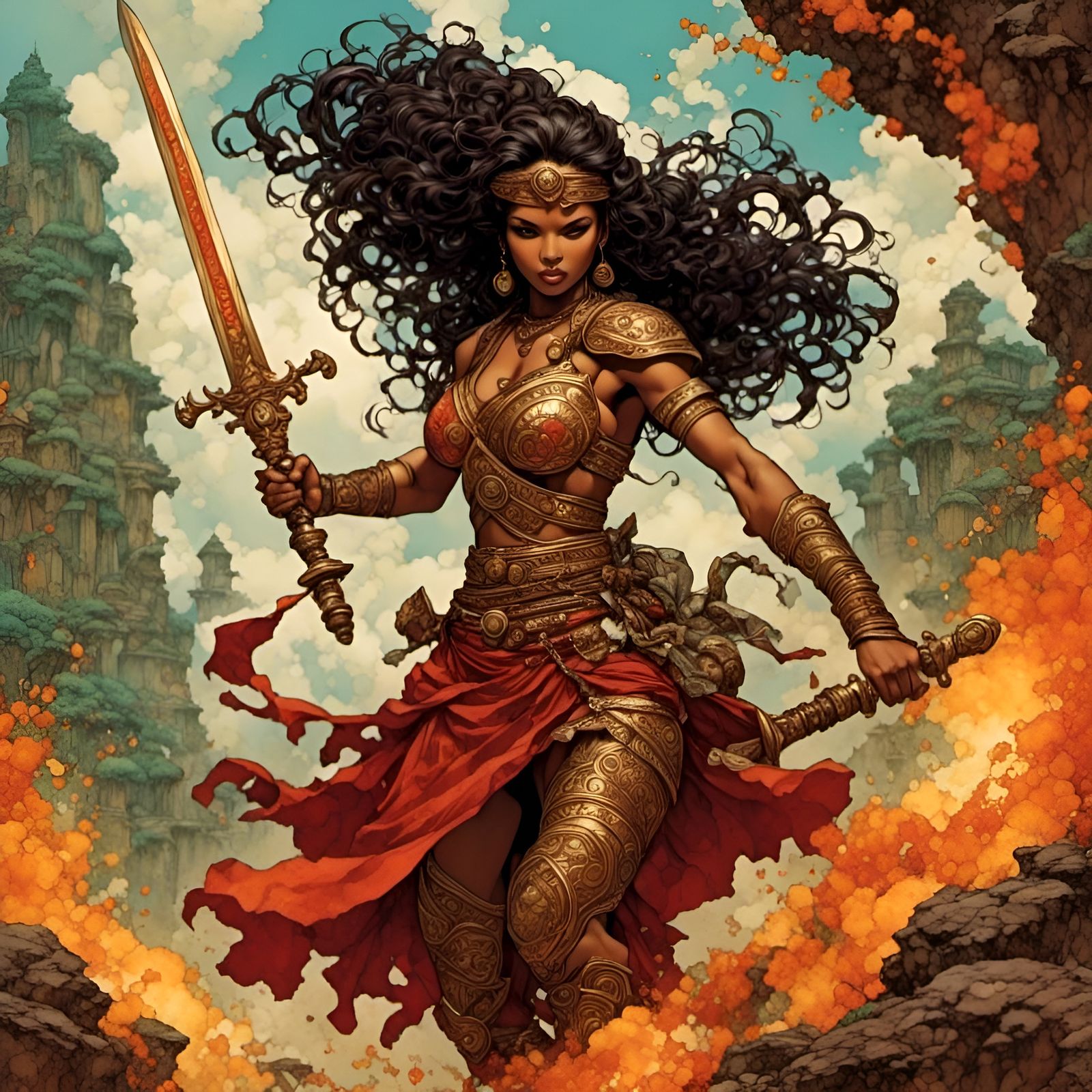 Barbarian Warrior Attacks in Coloring Book Style