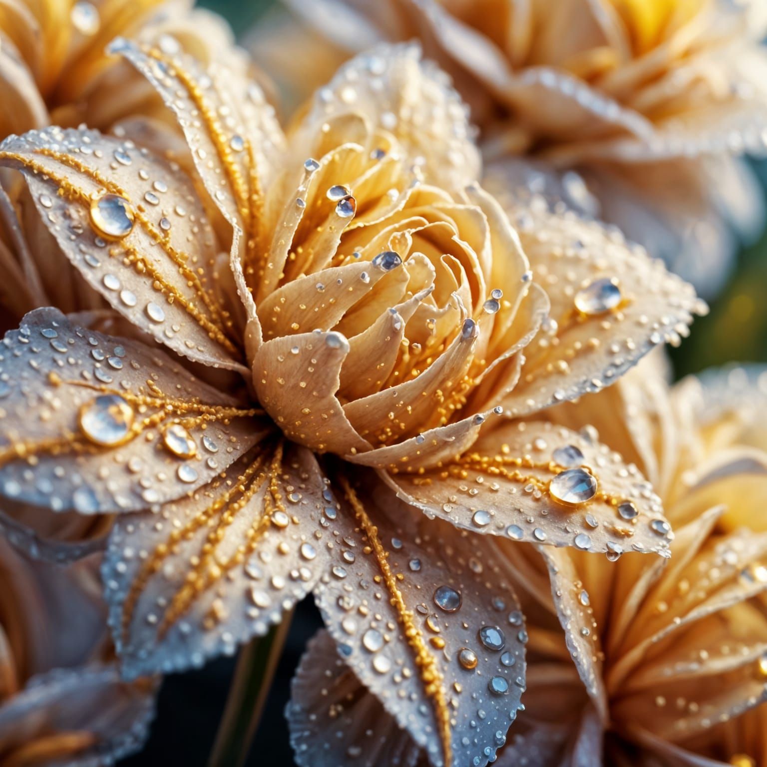 Detailed Flowers Covered in Dewdrops at Golden Hour