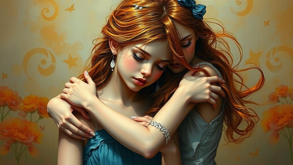 Emotional Embrace of Friends in Oil Painting Style