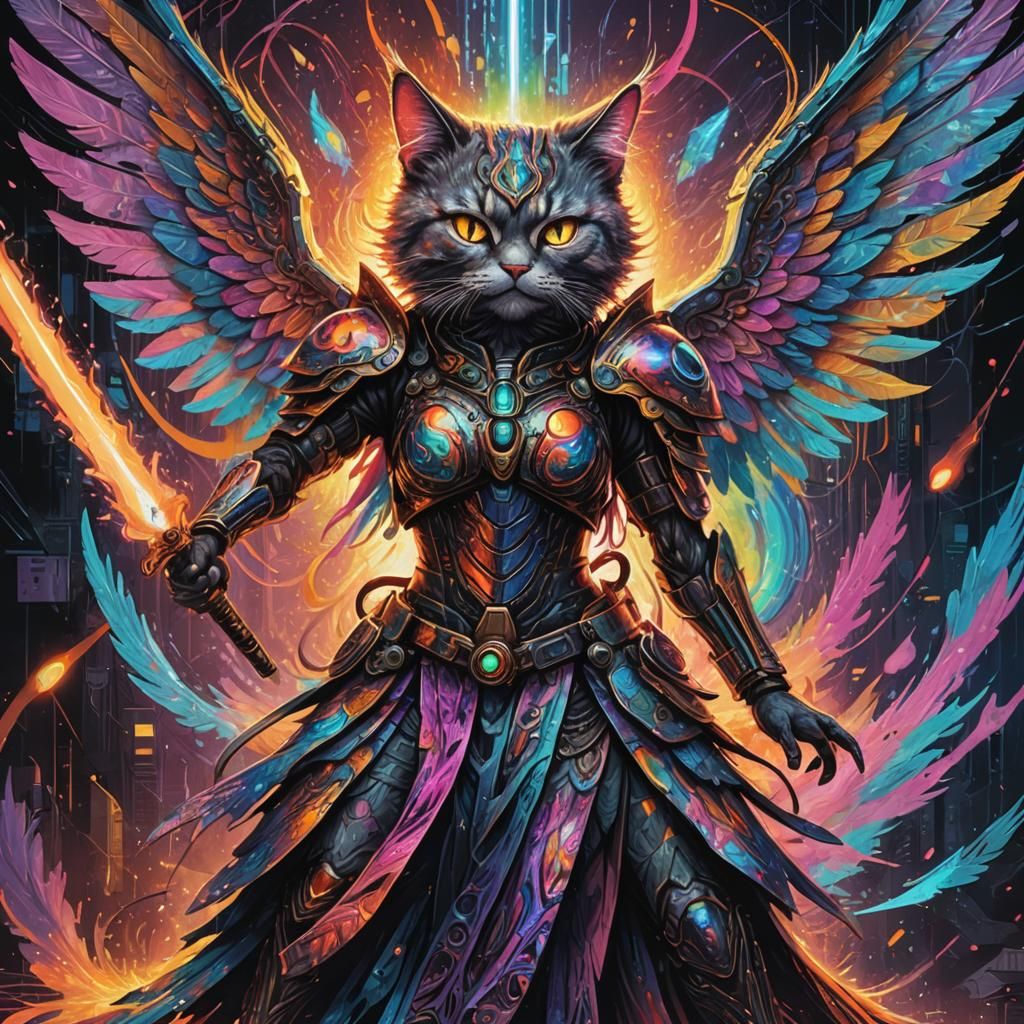 Cyberpunk Samurai Angel Cat Emerges from Portal