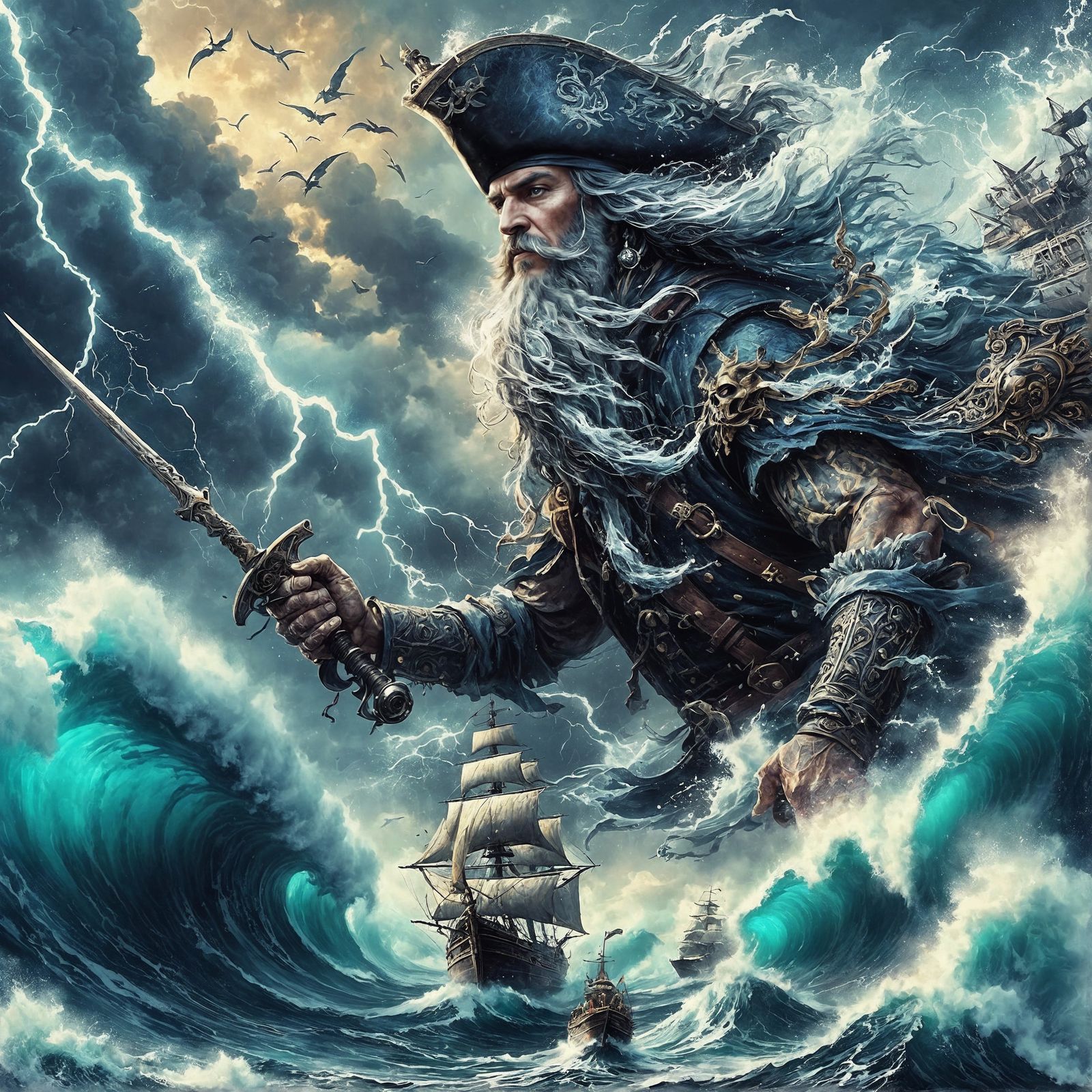 Sea God Pirate Commanding Storm, Digital Matte Painting