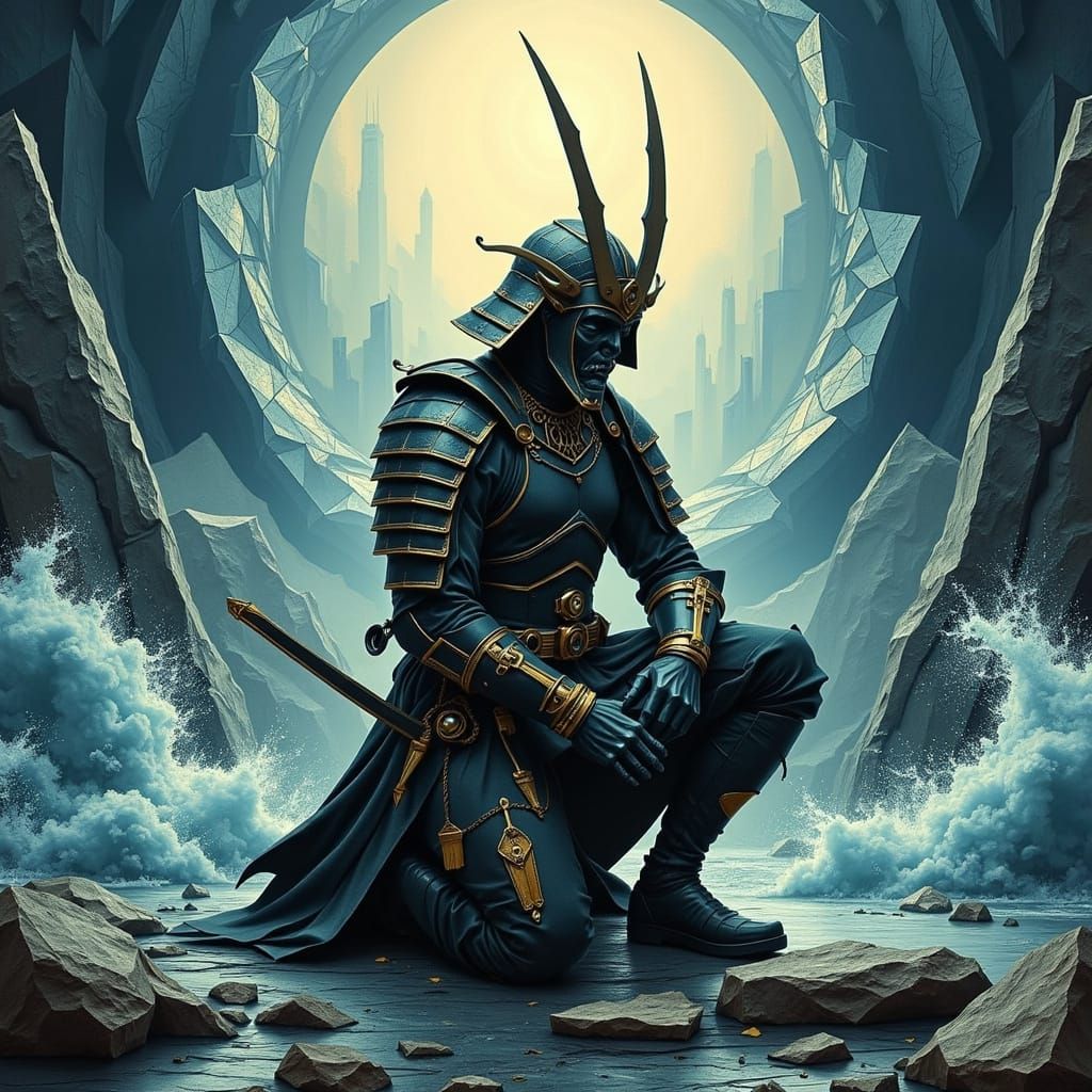Steampunk Samurai Kneeling Before Temporal Portal