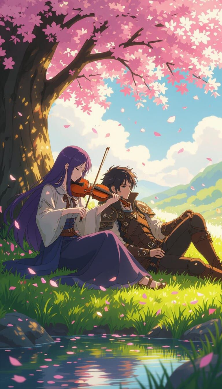 Anime Fantasy Scene: Violinist Under Blossoms