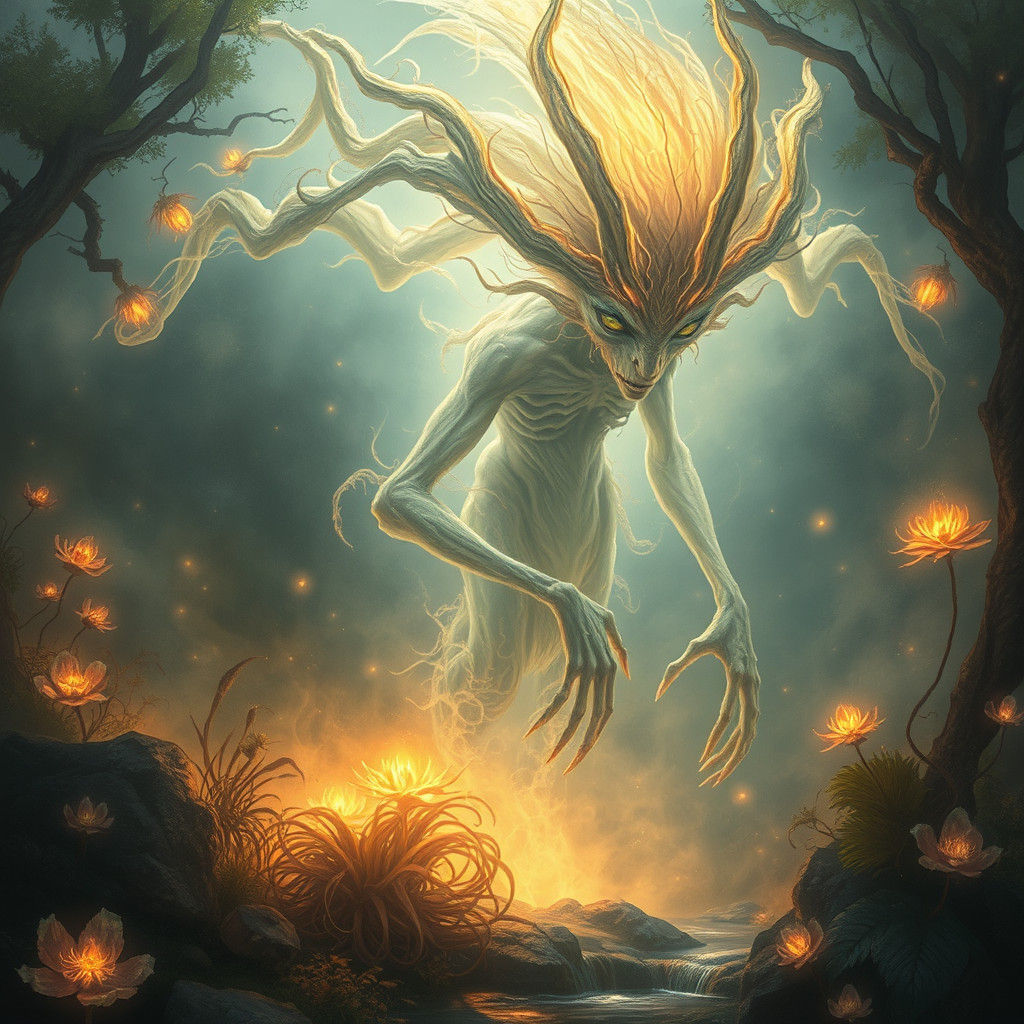 Ethereal Alien Being in Dreamlike Landscape