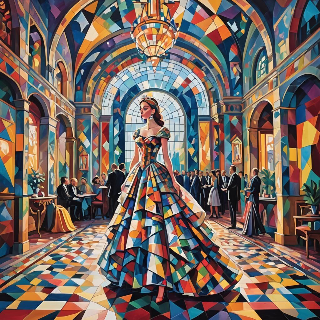 Cubist Princess in Geometric Ballroom Painting