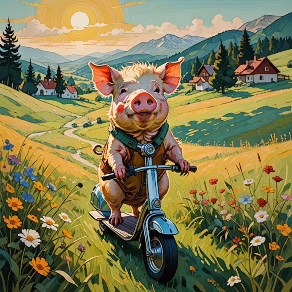 Vibrant Pig Riding Scooter in Idyllic Meadow