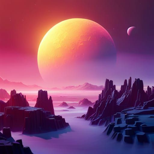 Epic Sci-Fi Landscape with Blue Moon, 3D Render