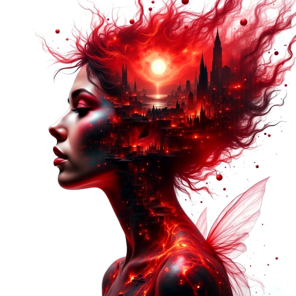 Fire Fairy Princess in Abstract Double Exposure Style