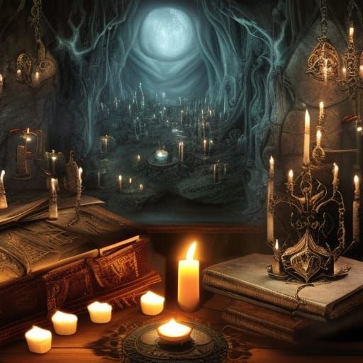 Witches Den with cauldron and Book of shadows and crystals and candles