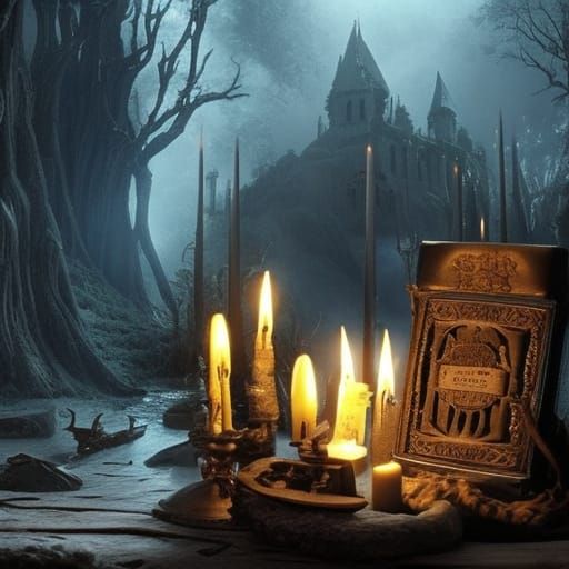 Witches Den with cauldron and Book of shadows and crystals and candles