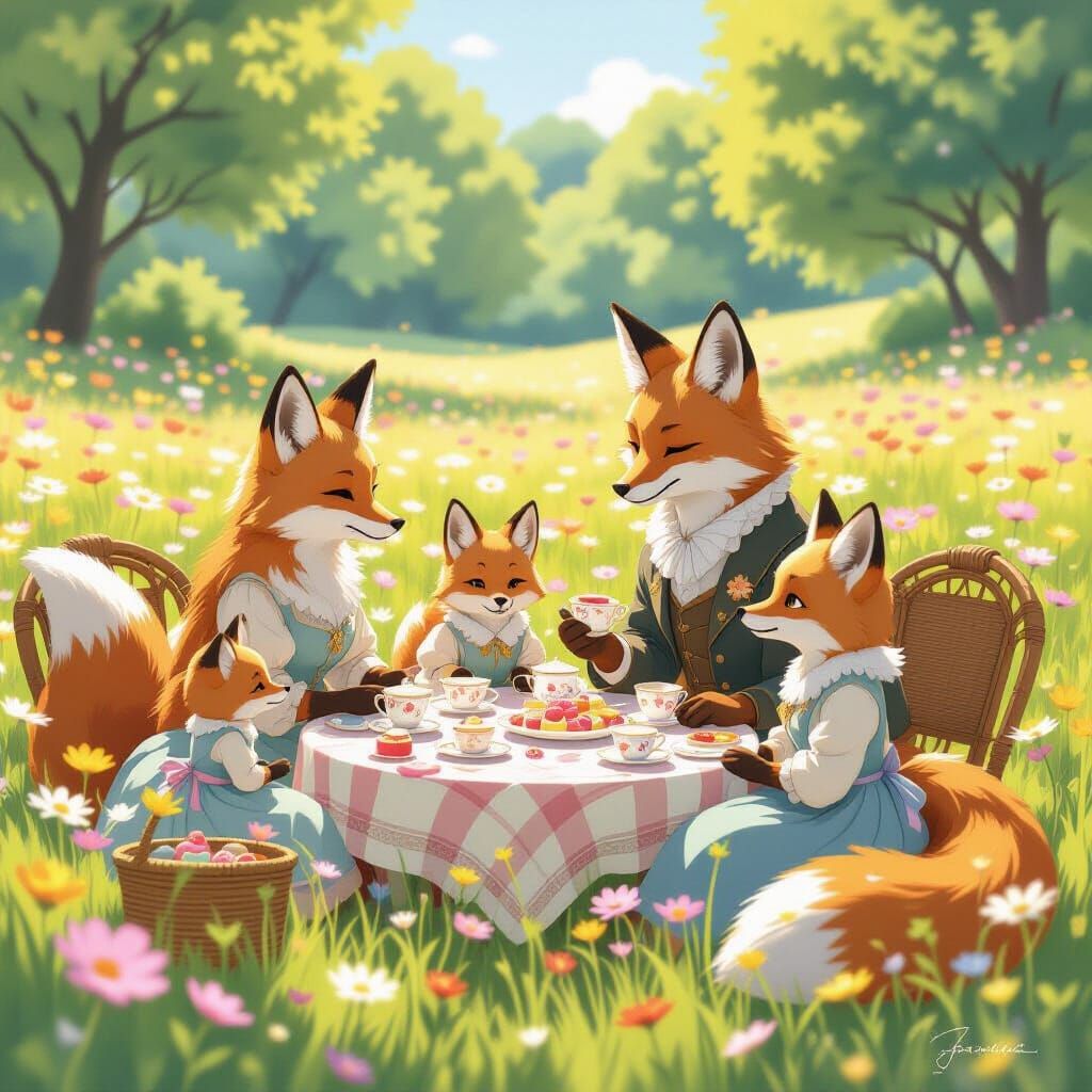 Fox Family Picnic in Pastel Ghibli Style