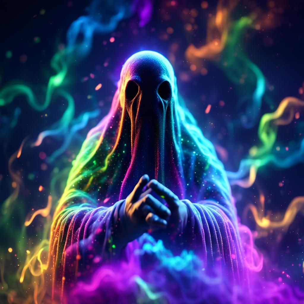 ghost made from many glowing strands of glowing rainbow smoke  , many layers puffy rainbow smoke rolling ,RGB,neon spark...