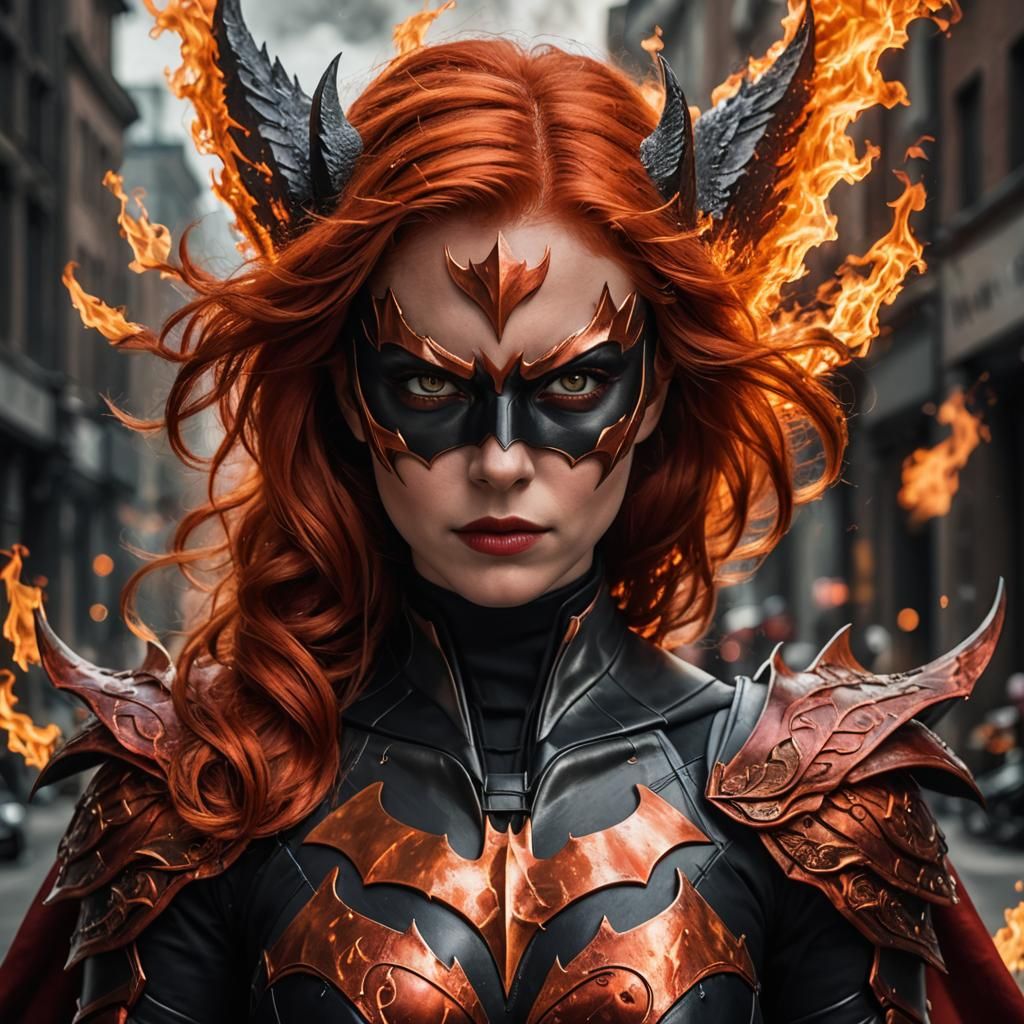 Flaming Batwoman Portrait in Hyperrealistic Style