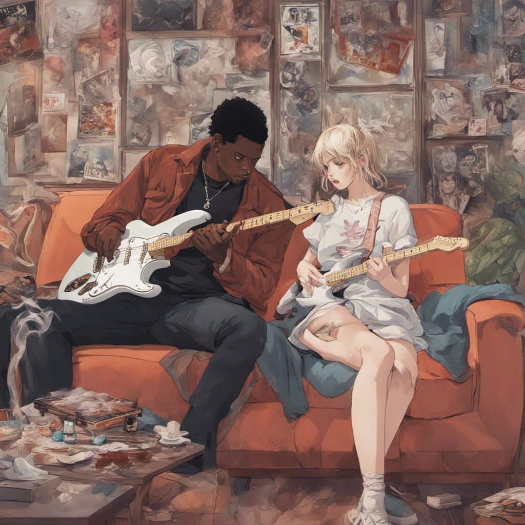 Anime Girl Smoking with Guitarist Boyfriend