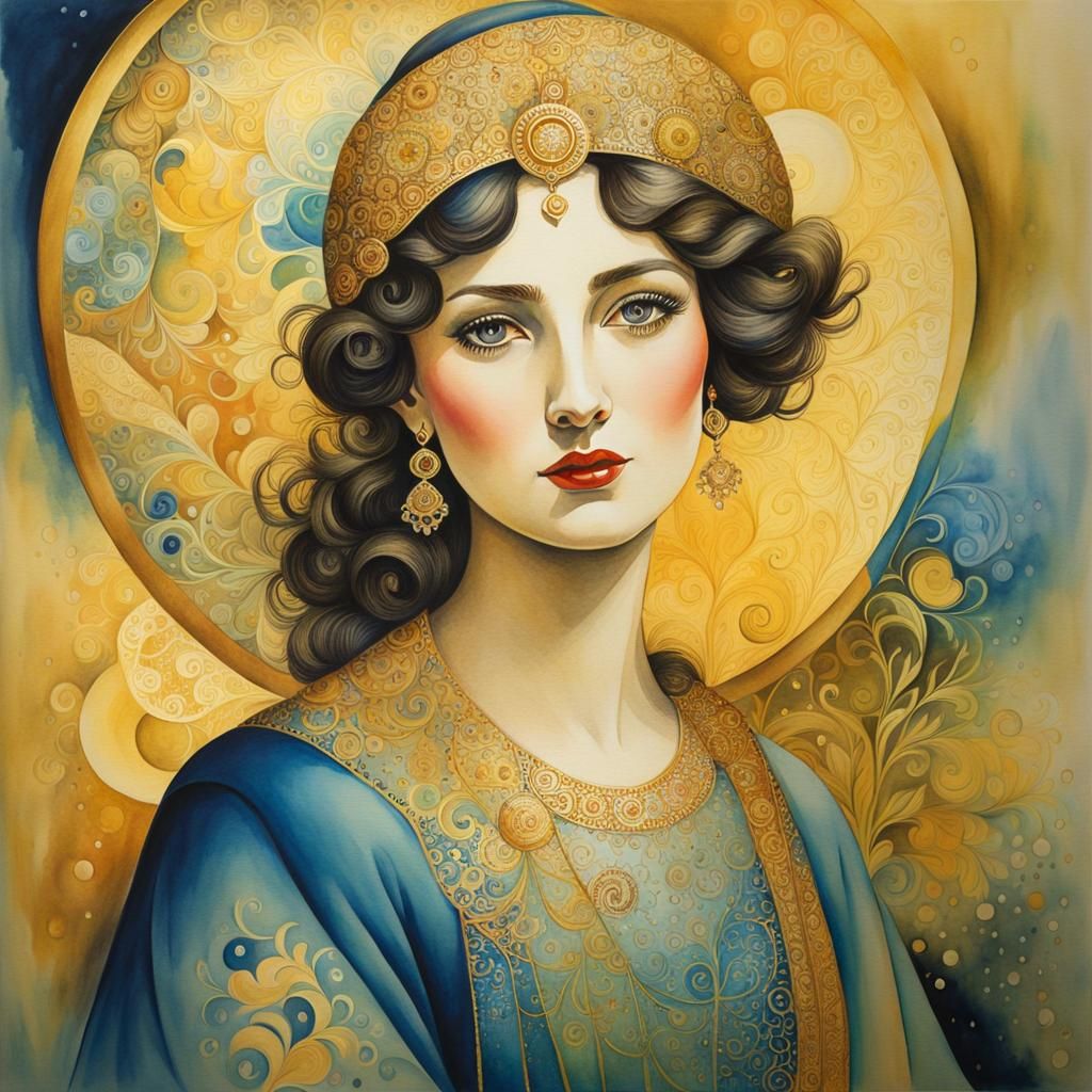 Golden Watercolour Portrait in Surreal Style