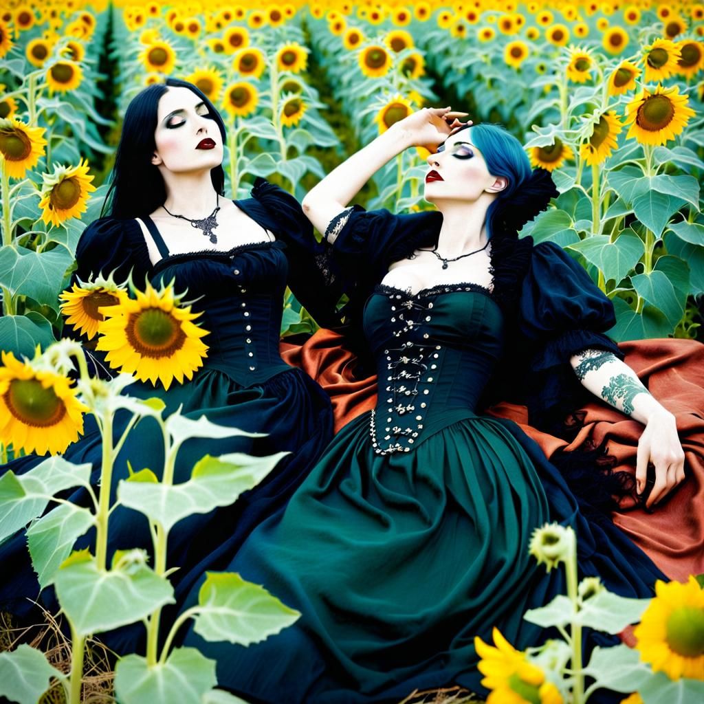 Goth Women in Sunflower Field: Expressionist Photograph