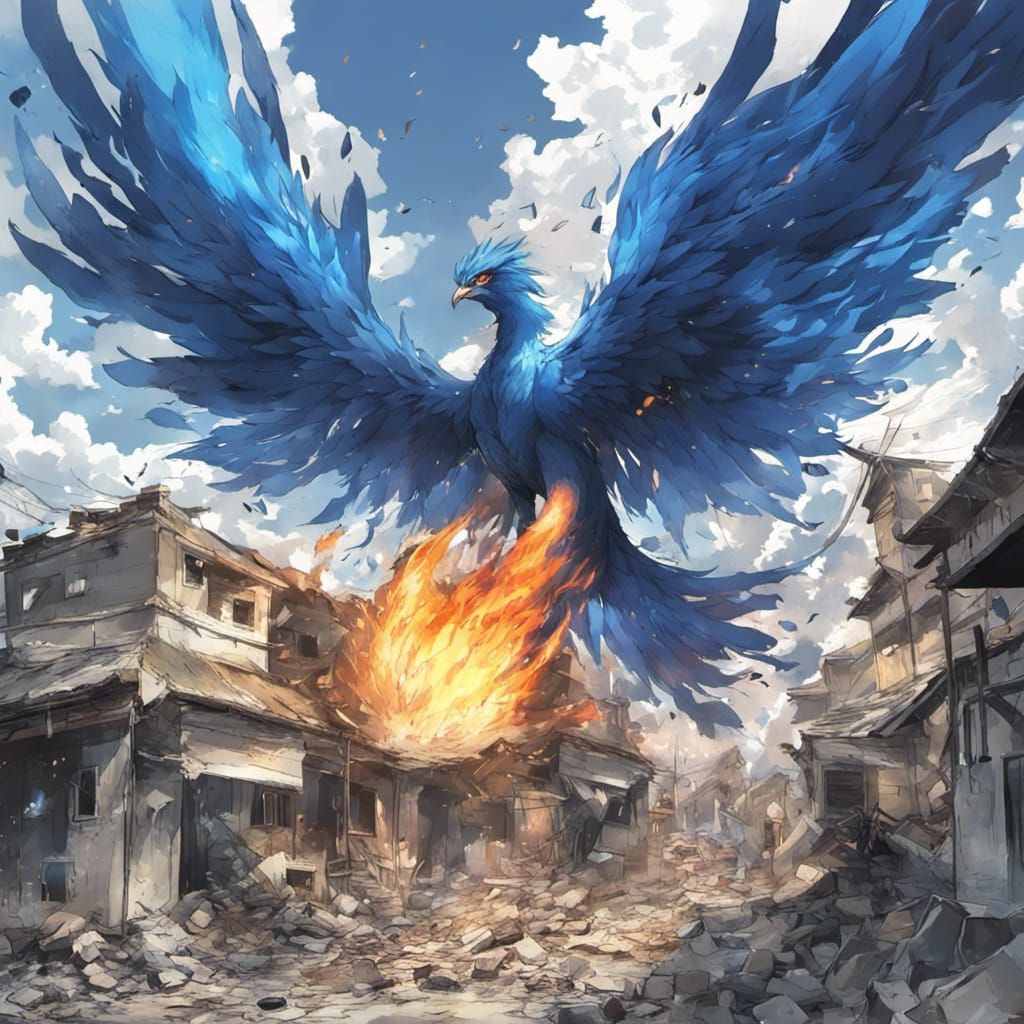 Giant Blue Phoenix Rising from Destruction: Anime Art