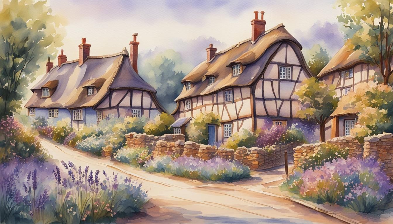 Watercolor Cottages and Lavender in Pastel Colors