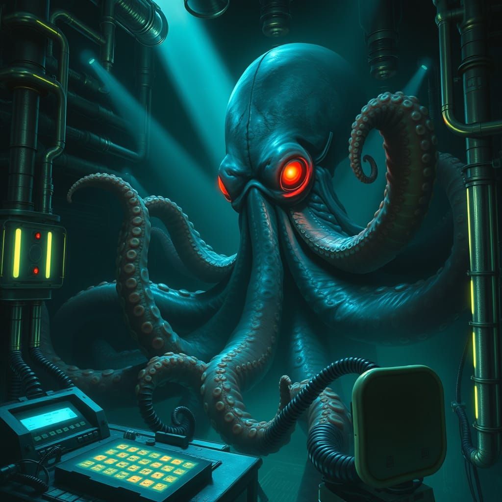 Villainous Octopus Mastermind in Futuristic Ocean Lair