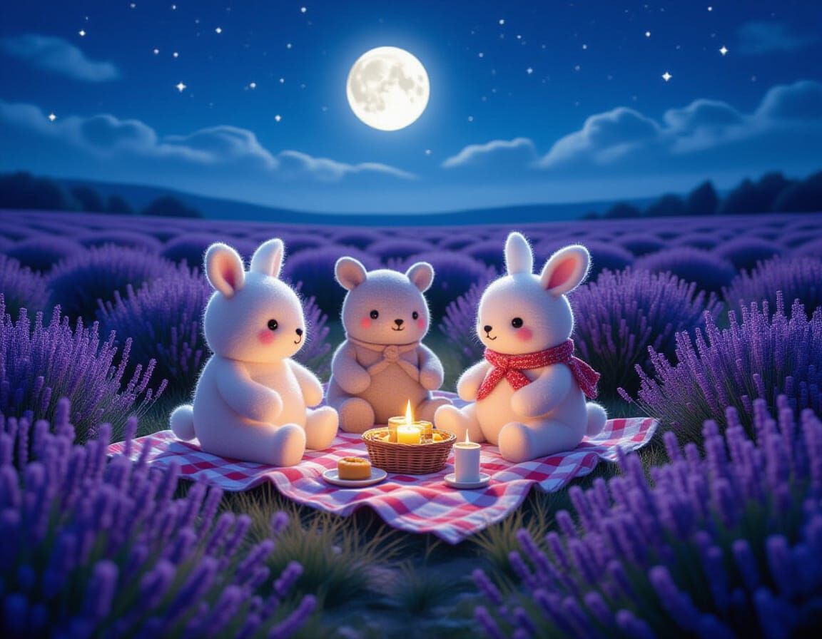Felted Animals' Moonlit Picnic in Lavender Field