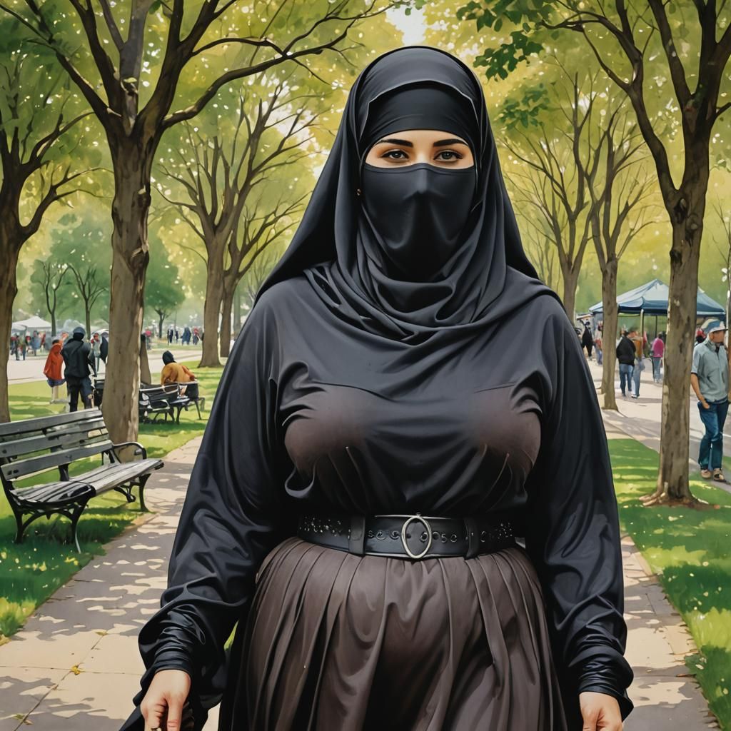 European Niqabi Woman in City Park, Soft Color Painting