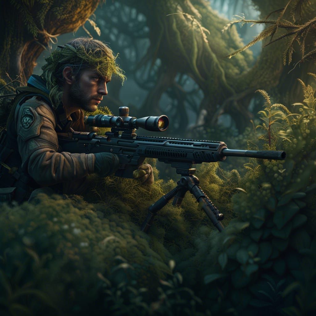 Camouflaged Sniper in Detailed Fantasy Landscape