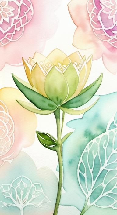 Geometric Botanical Art with Serene Figure in Watercolor