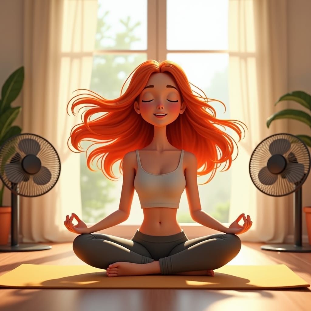 Meditating Woman with Flowing Red Hair in Pixar Style