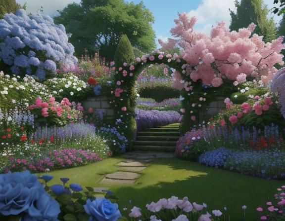 Whimsical Scottish Garden of Radiant Roses and Hortensias
