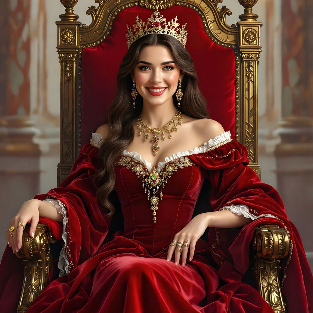Regal Queen on a Throne in Red Dress