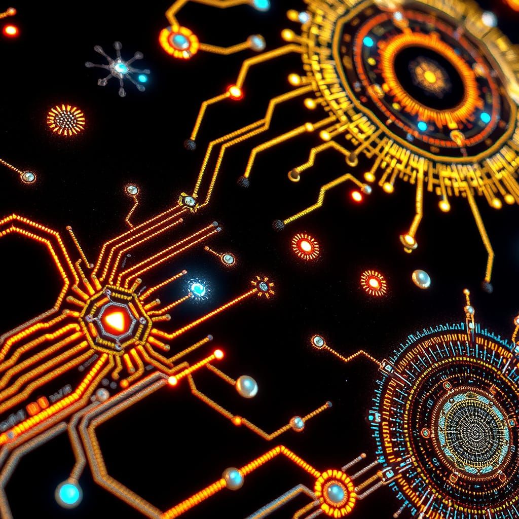 Futuristic Embroidery with Cosmic Circuits on Velvet