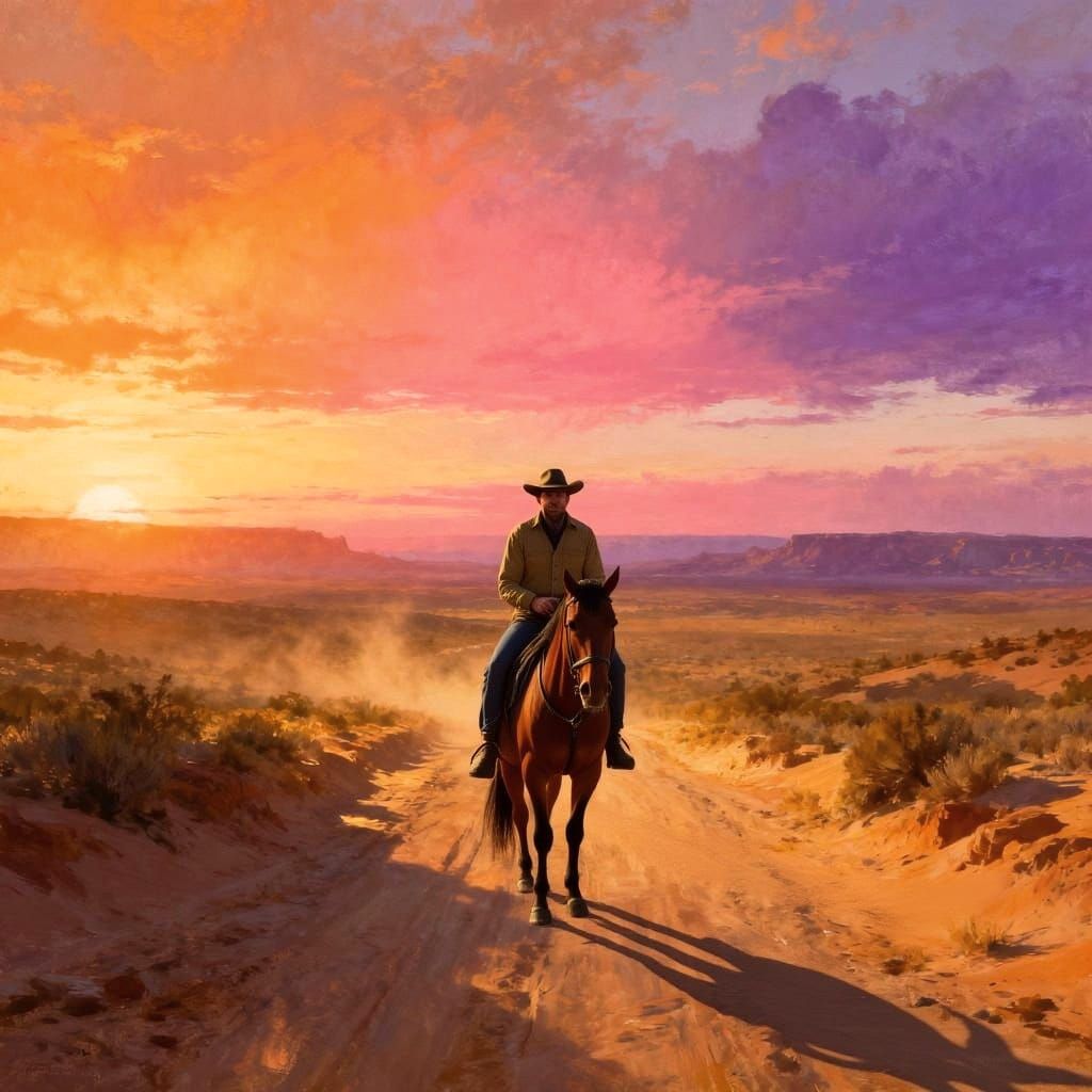 Lone Traveler on Dusty Desert Road at Sunset