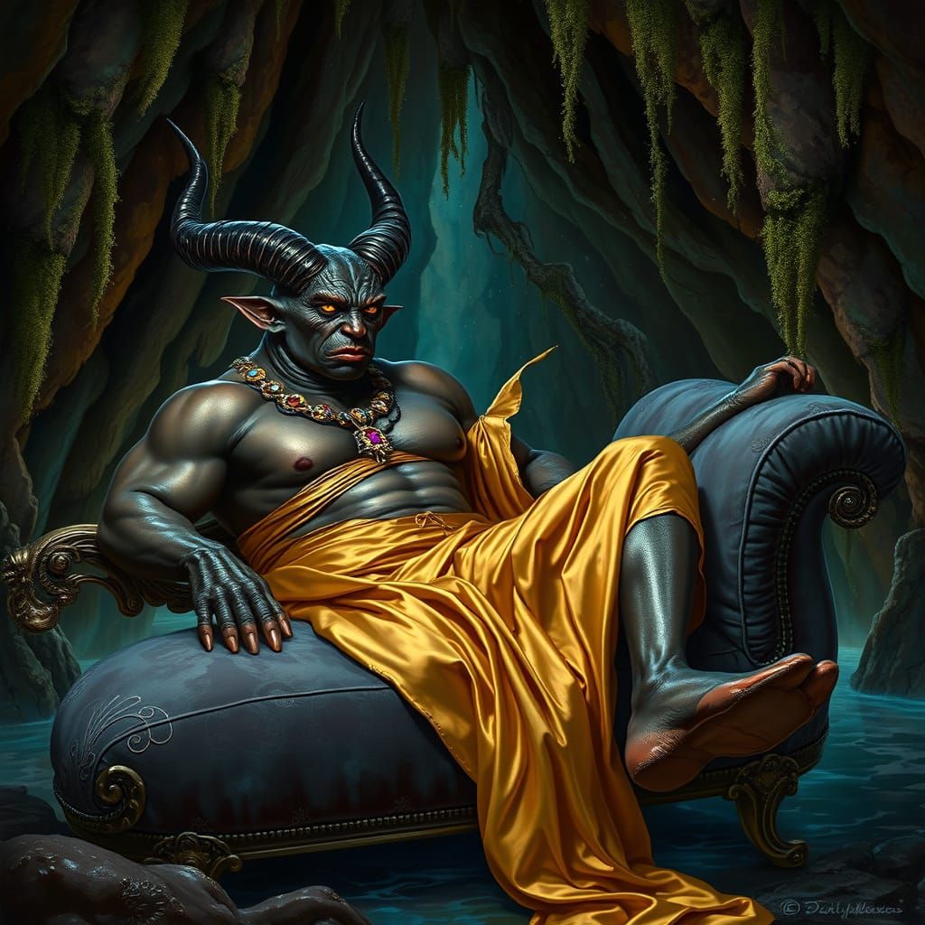 Voluptuous Demon Lounging in Grotto, Photorealistic Style