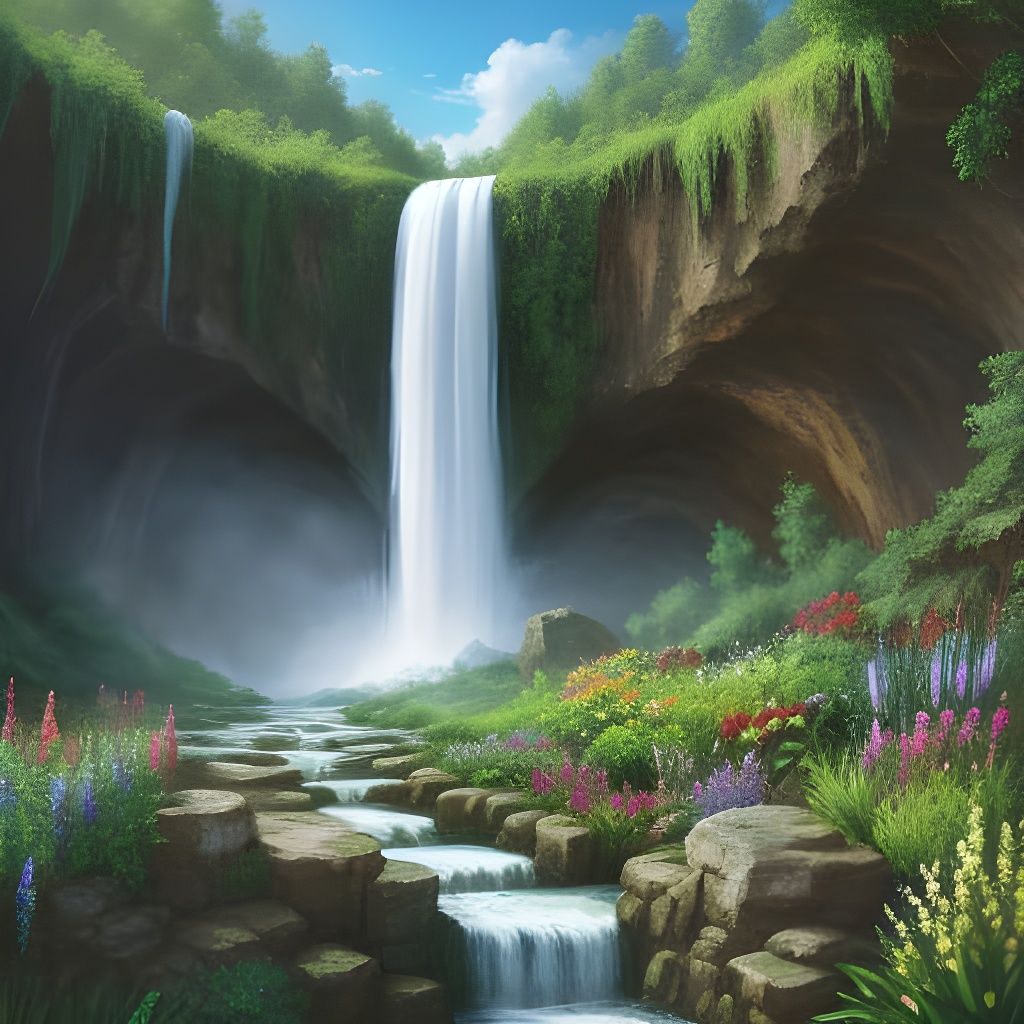 Garden Oasis Under Waterfall