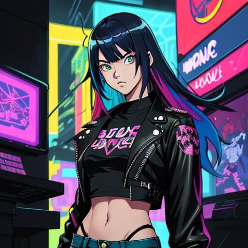 Cyberpunk Punk Girl Plays Space Invaders in Arcade