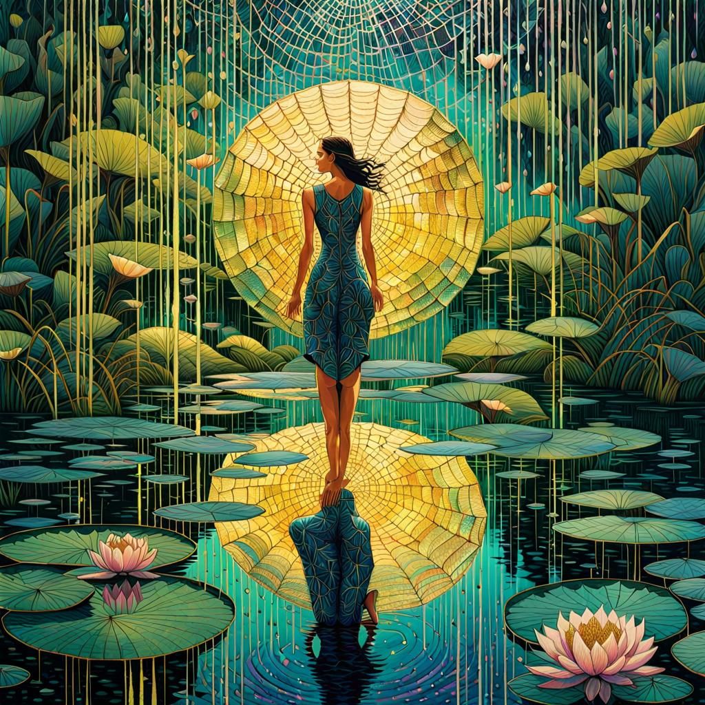 Adventurer on Spiderweb in Iridescent Geometric Style