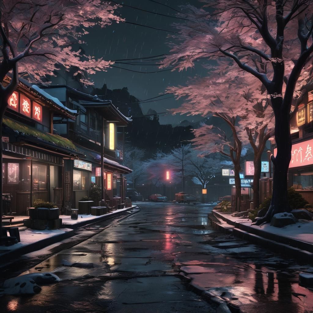 Hyperrealistic Japanese Street Scene at Night in Snow