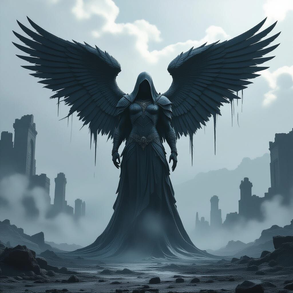 Colossal Obsidian Fallen Angel Statue on Misty Battlefield