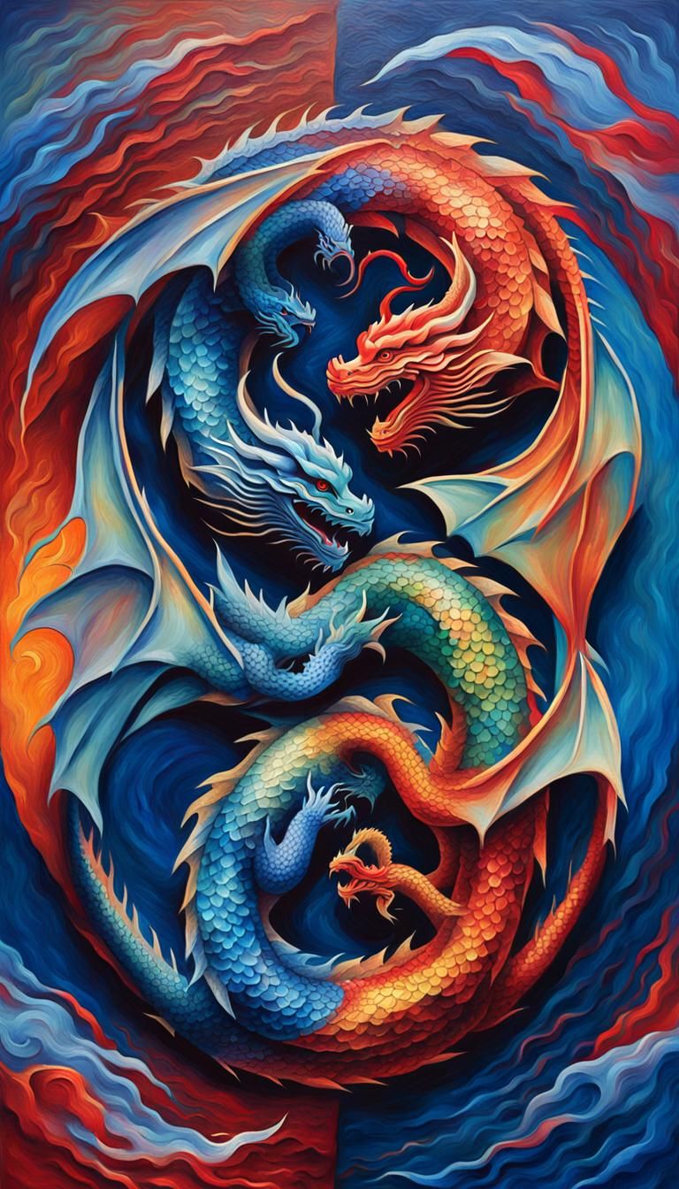 Yin Yang Dragons in Vibrant Oil Painting