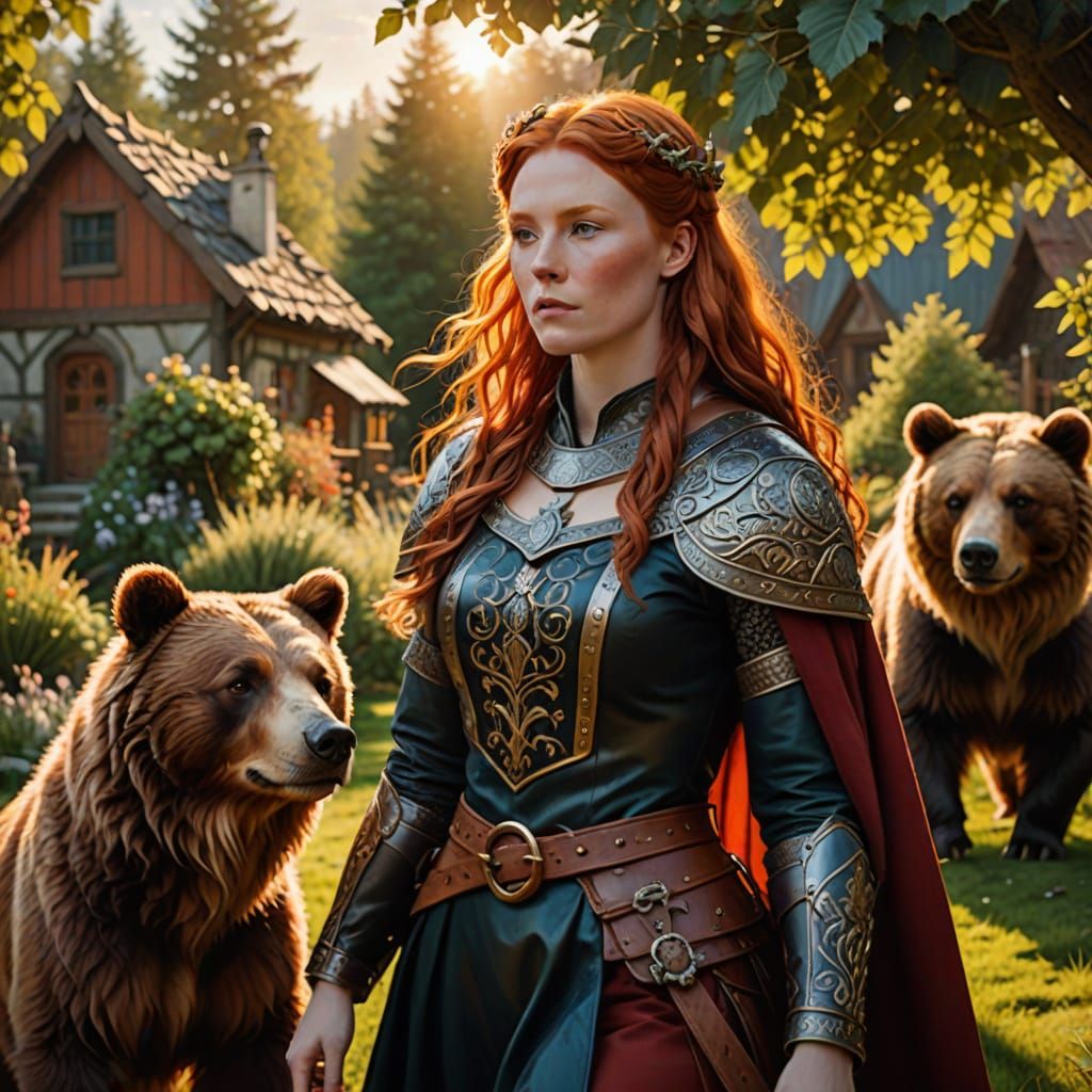 Viking Woman with Bear in Nordic Garden