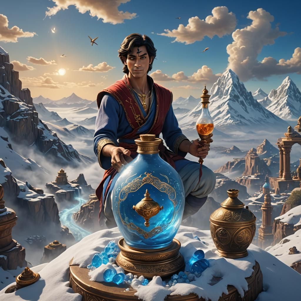 Genie Guarding Magic Bottle with Greek Signs